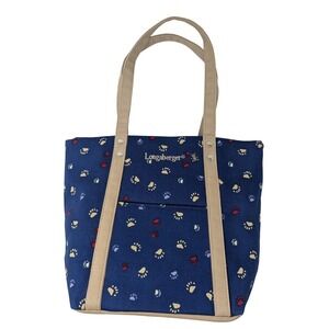 Longaberger Homestead Tote Bag Blue Paw Print Canvas Pockets Animal Lover Dogs